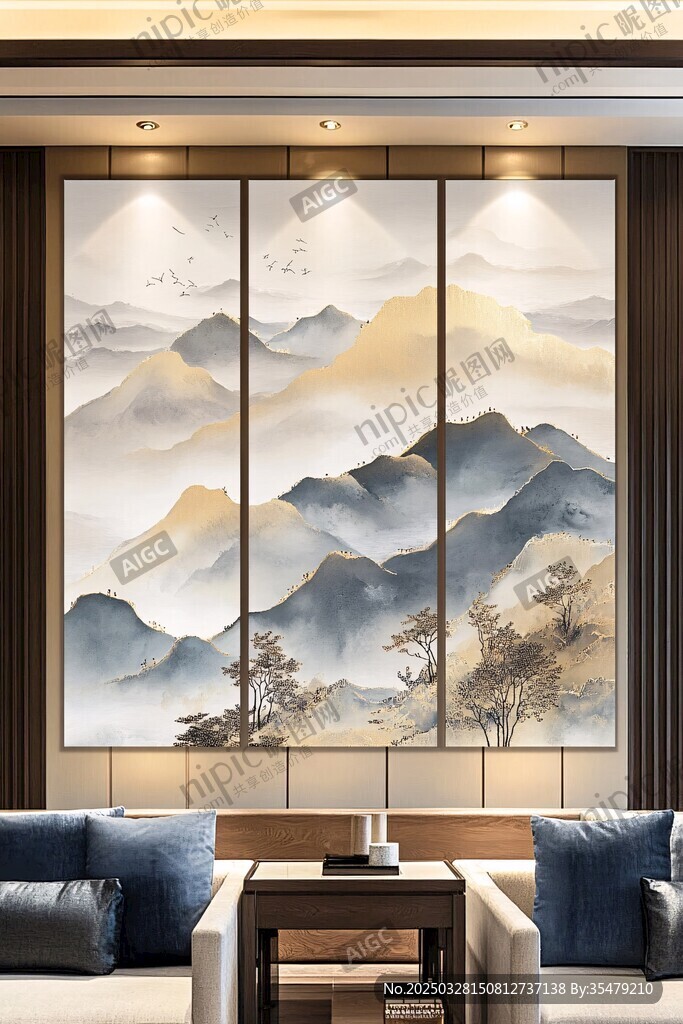 中式山水壁画客厅装饰画
