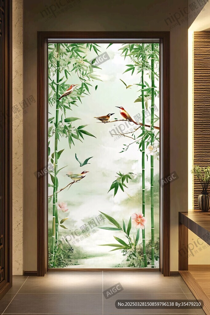中式花鸟竹子玄关装饰画