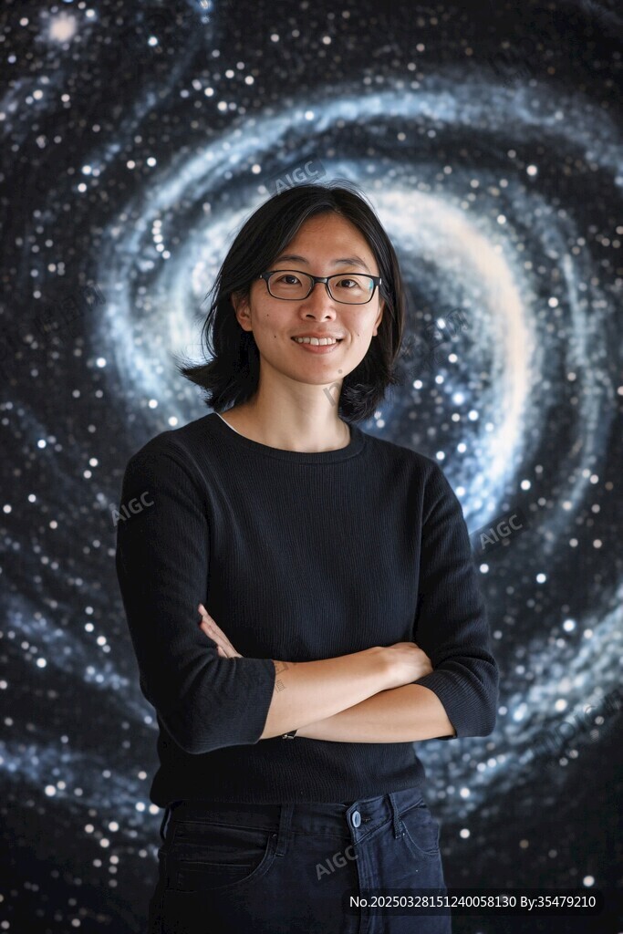 女科学家于星系背景前留影