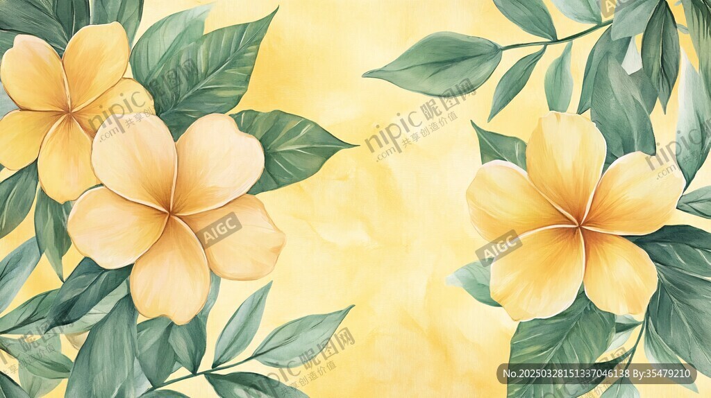 黄色鸡蛋花与绿叶水彩画