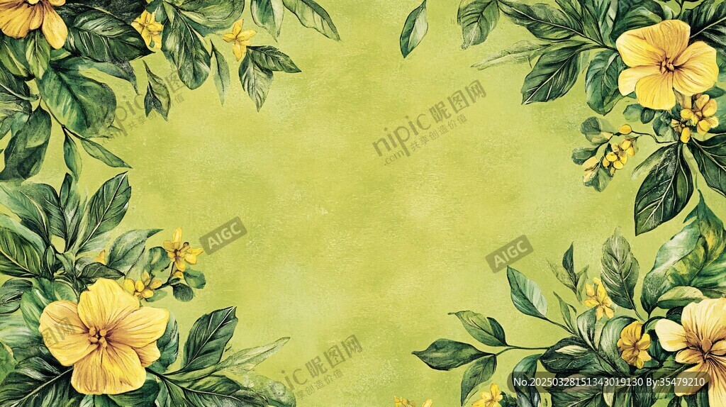 黄绿花卉边框水彩背景图