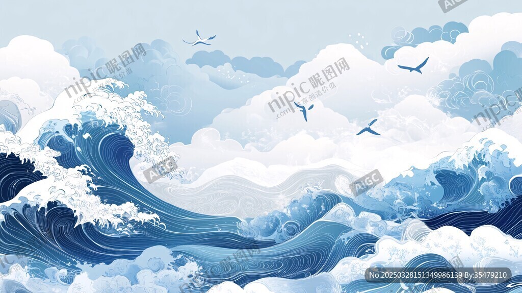 海浪翻涌飞鸟翔于天际