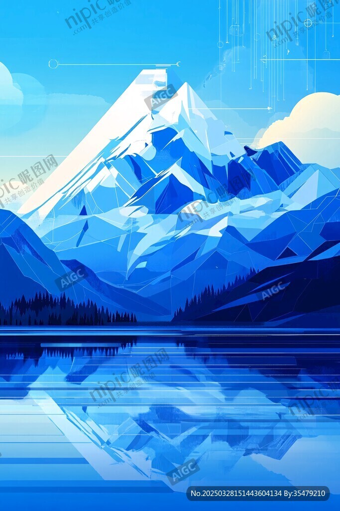 蓝色梦幻山川湖泊美景图