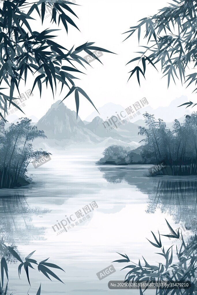 水墨竹林山水意境图