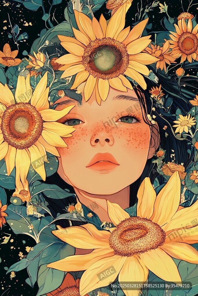 少女与向日葵梦幻插画