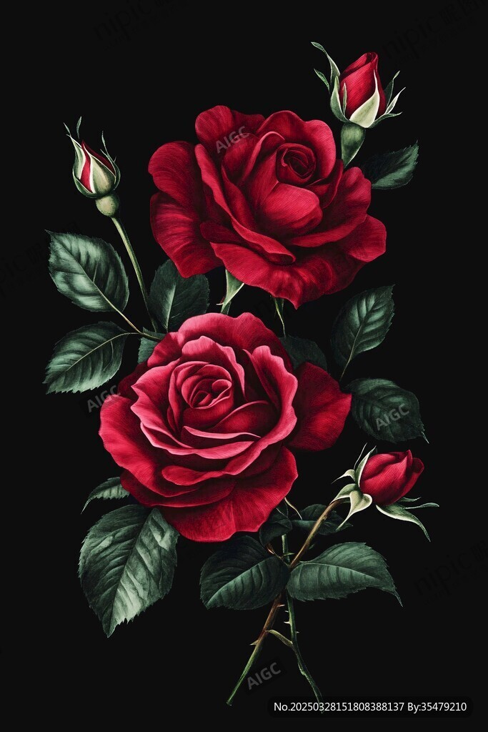 娇艳红玫瑰插画