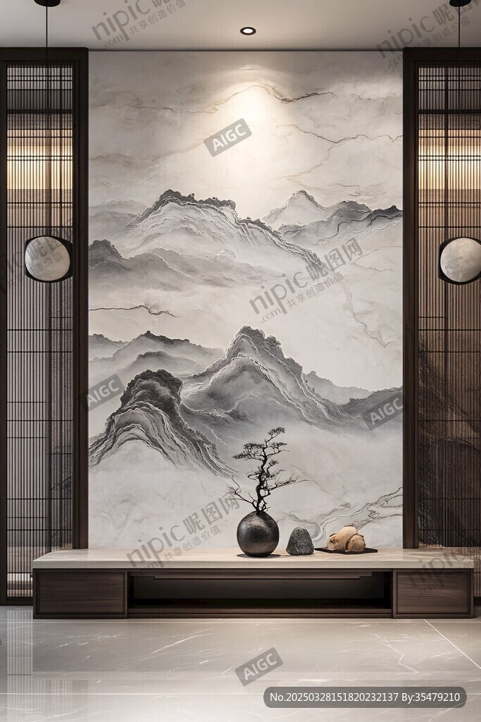 中式山水背景墙室内景致