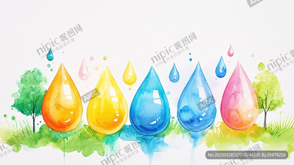 彩色水滴与绿植清新插画