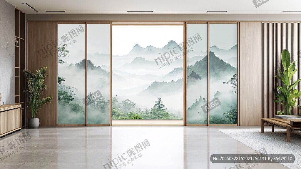 中式山水风客厅移门设计