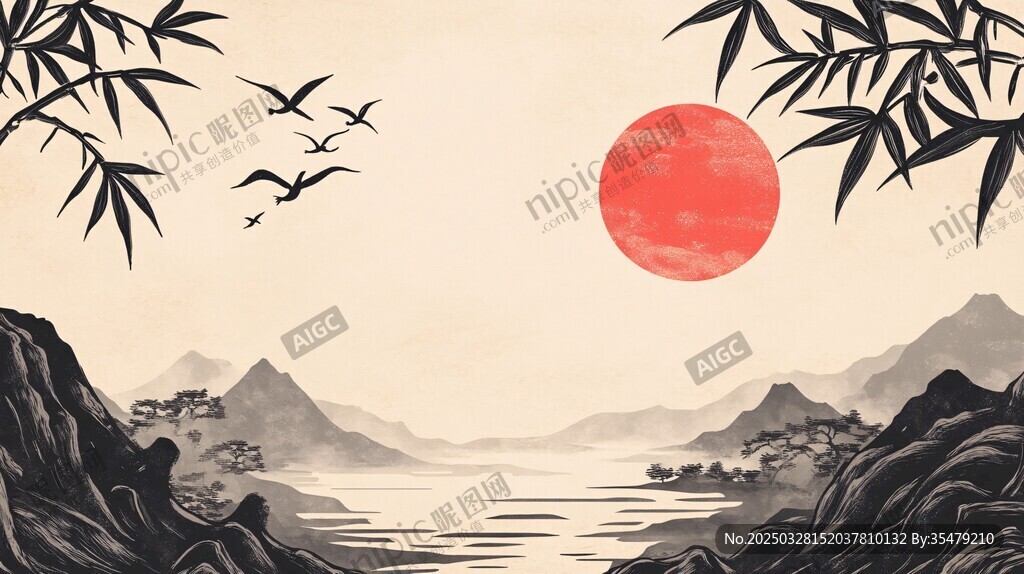 夕阳山水间飞鸟伴竹影