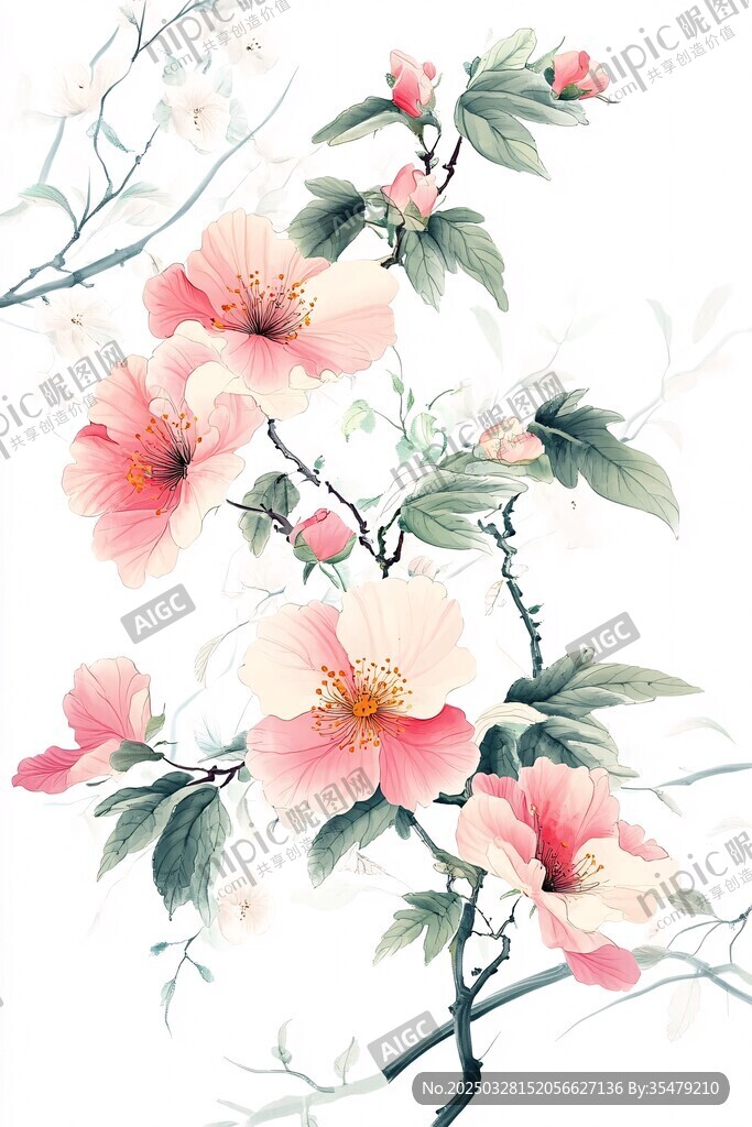 水墨风盛开的娇艳粉色花朵