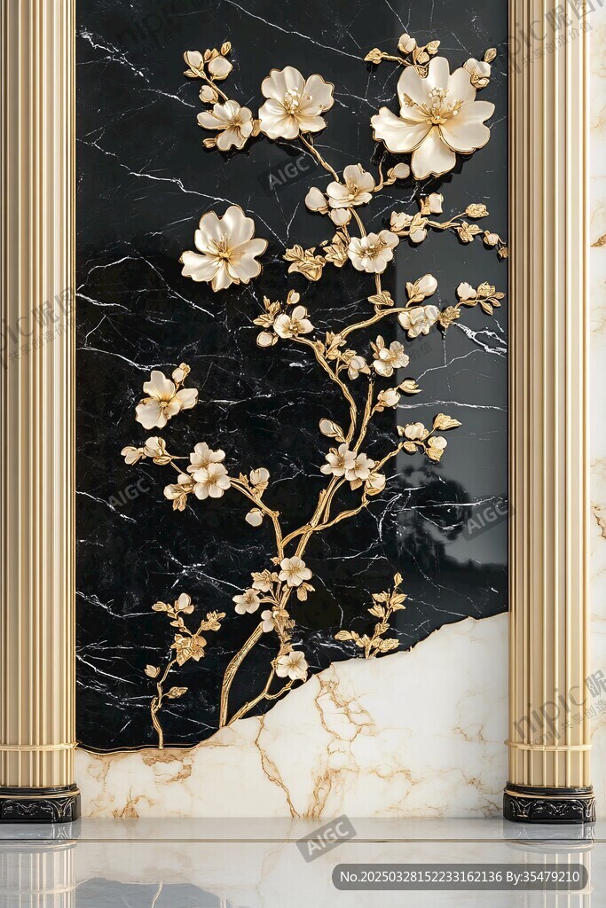 黑金大理石花卉玄关装饰画