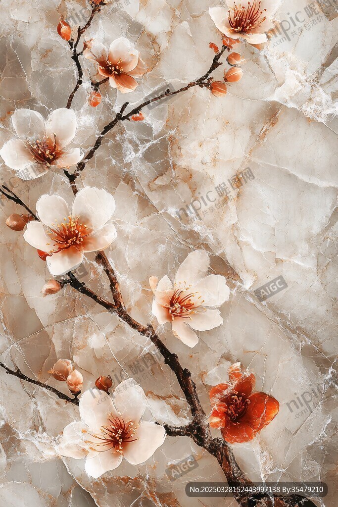 中式大理石背景上的绽放花朵