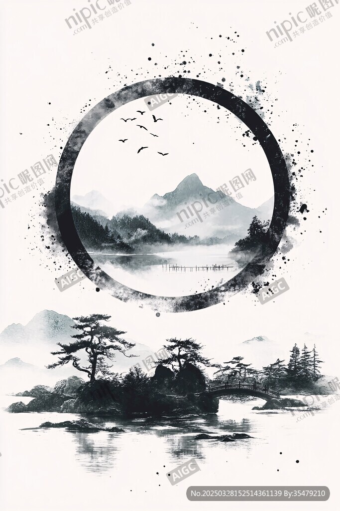 水墨山水圆环意境图