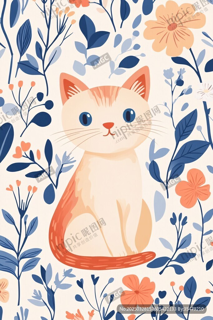 花丛中的可爱猫咪插画
