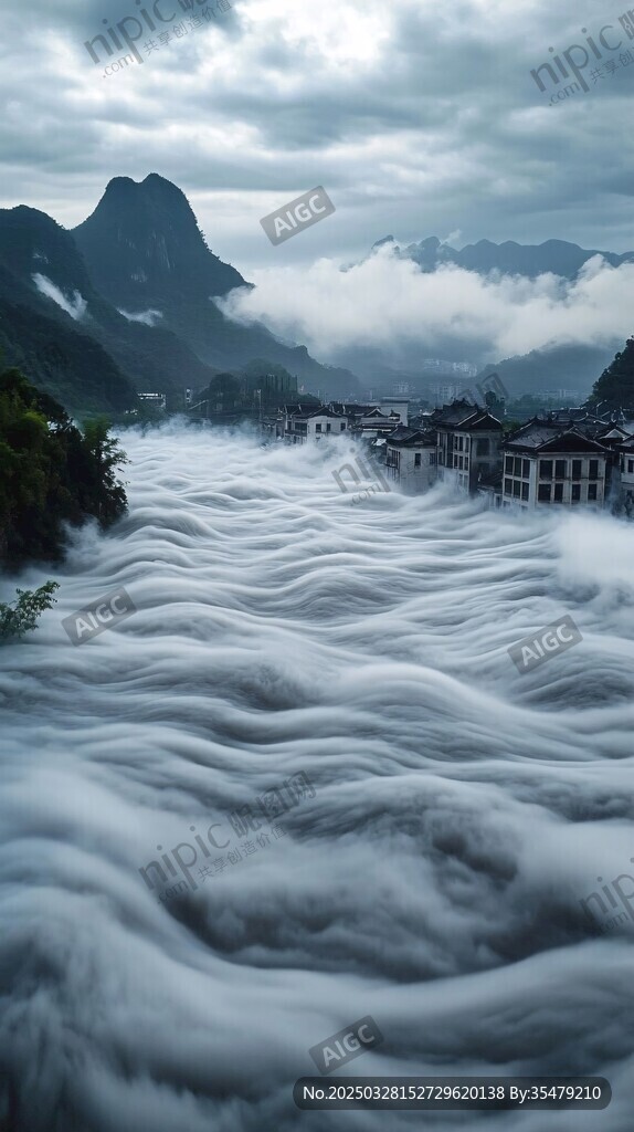 洪水汹涌淹没村庄景象