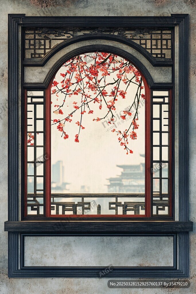 中式窗景映红梅古建筑