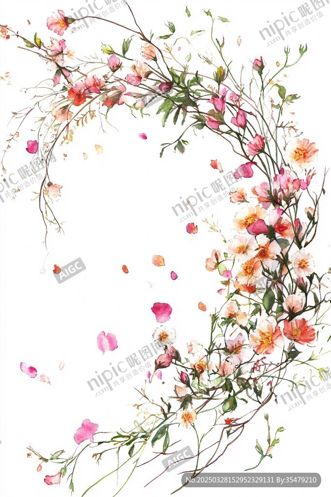 梦幻花卉弯月水彩插画