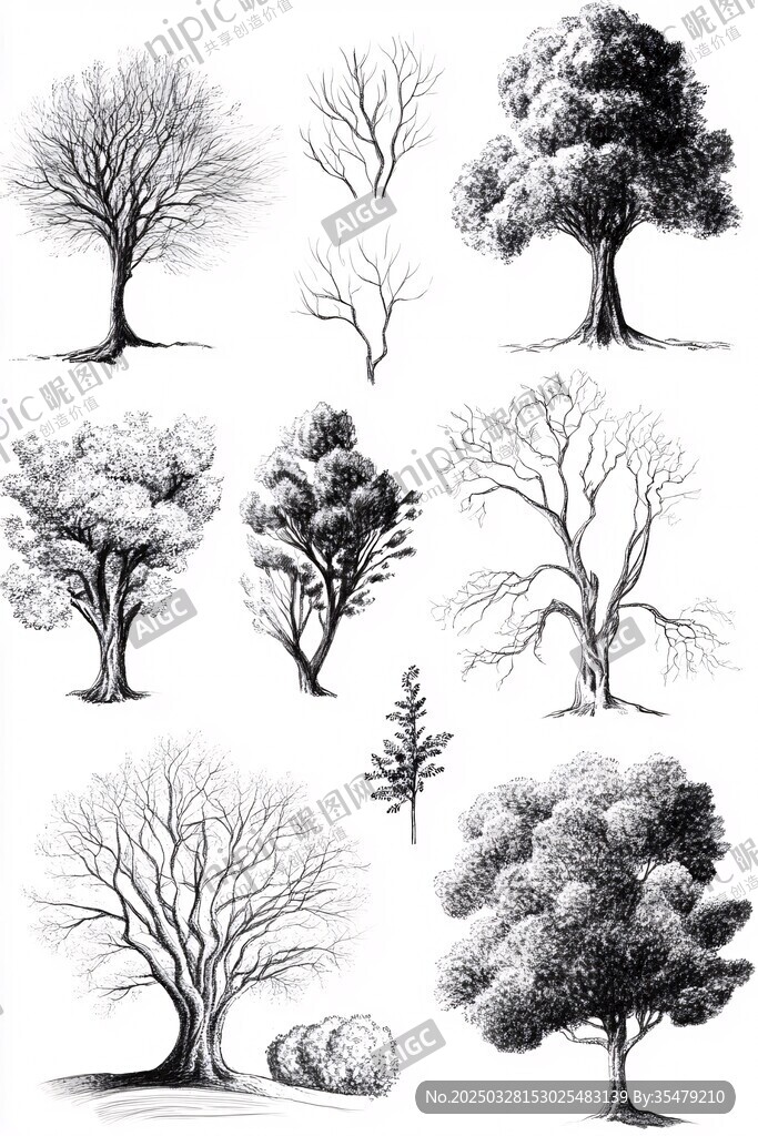 多样树木黑白手绘插画