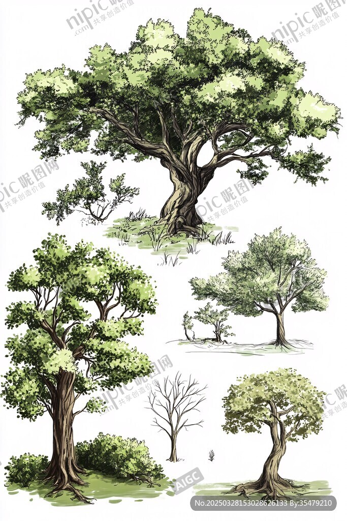 多样形态的树木插画