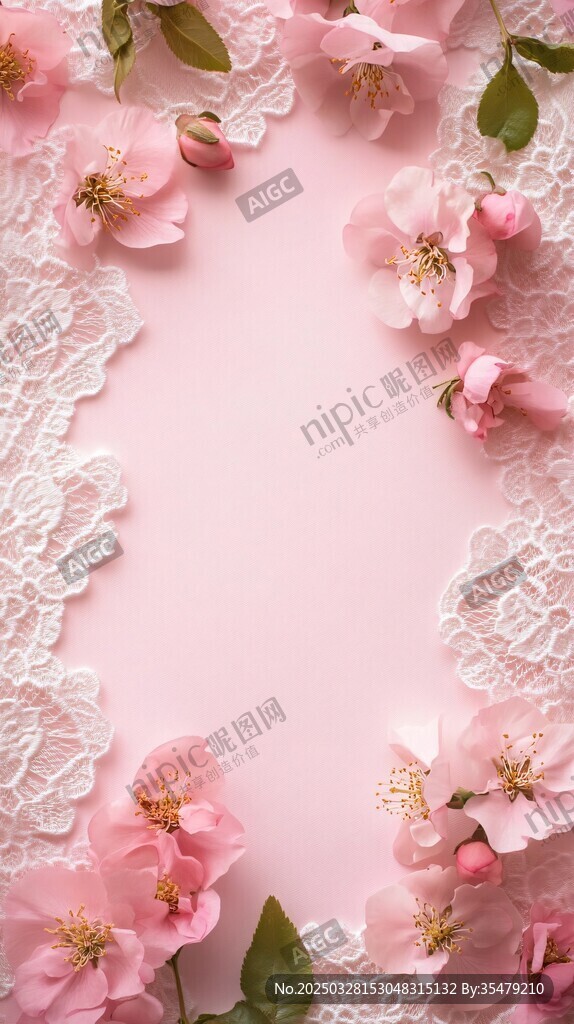 粉色蕾丝与春花浪漫边框