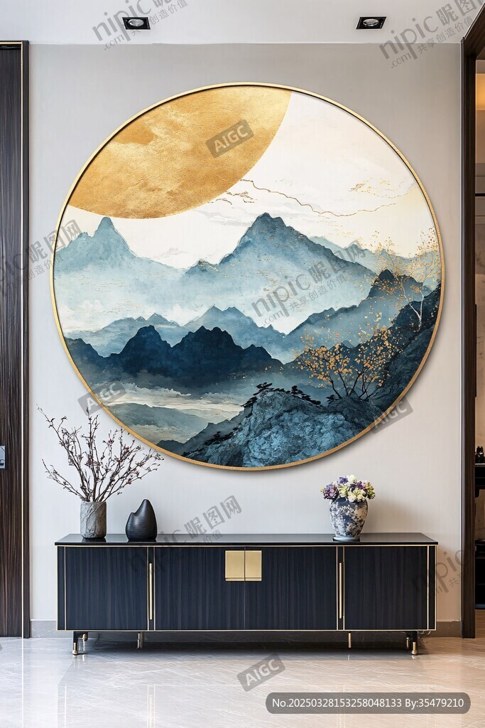 中式圆形山水挂画饰客厅