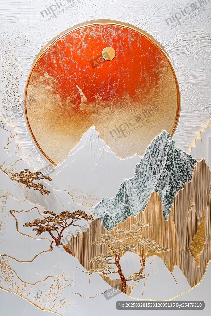 中式山水金红意境装饰画