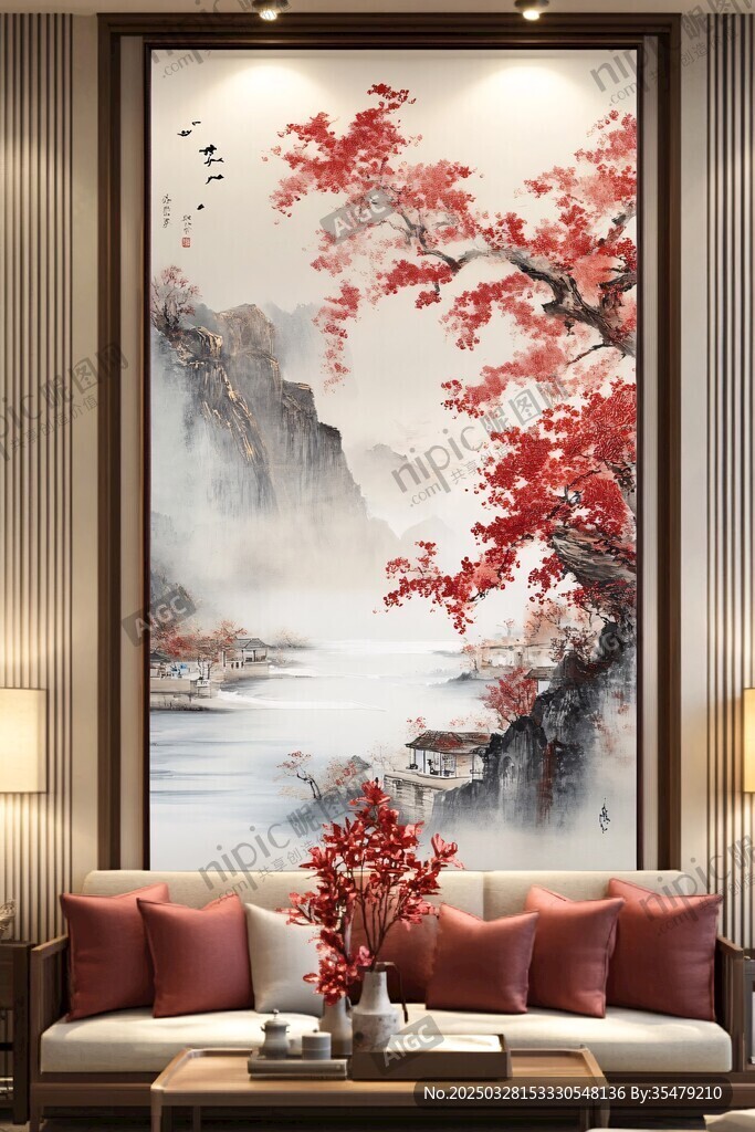 中式客厅里的山水红叶挂画