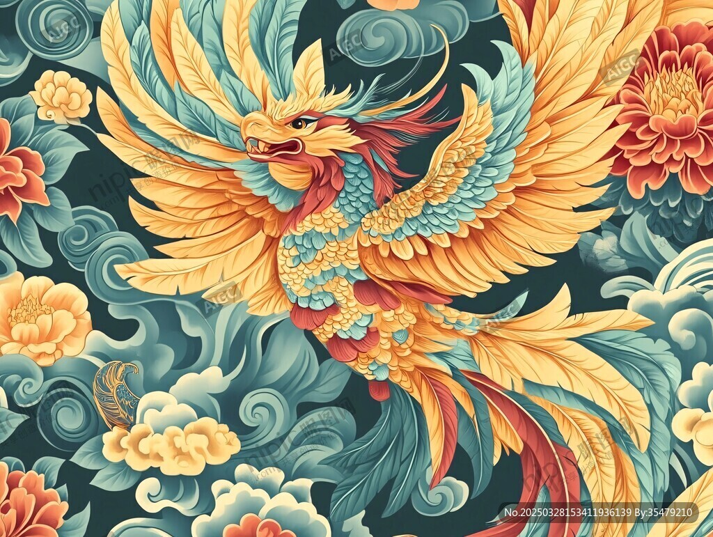 中式凤凰于花卉云海间飞舞