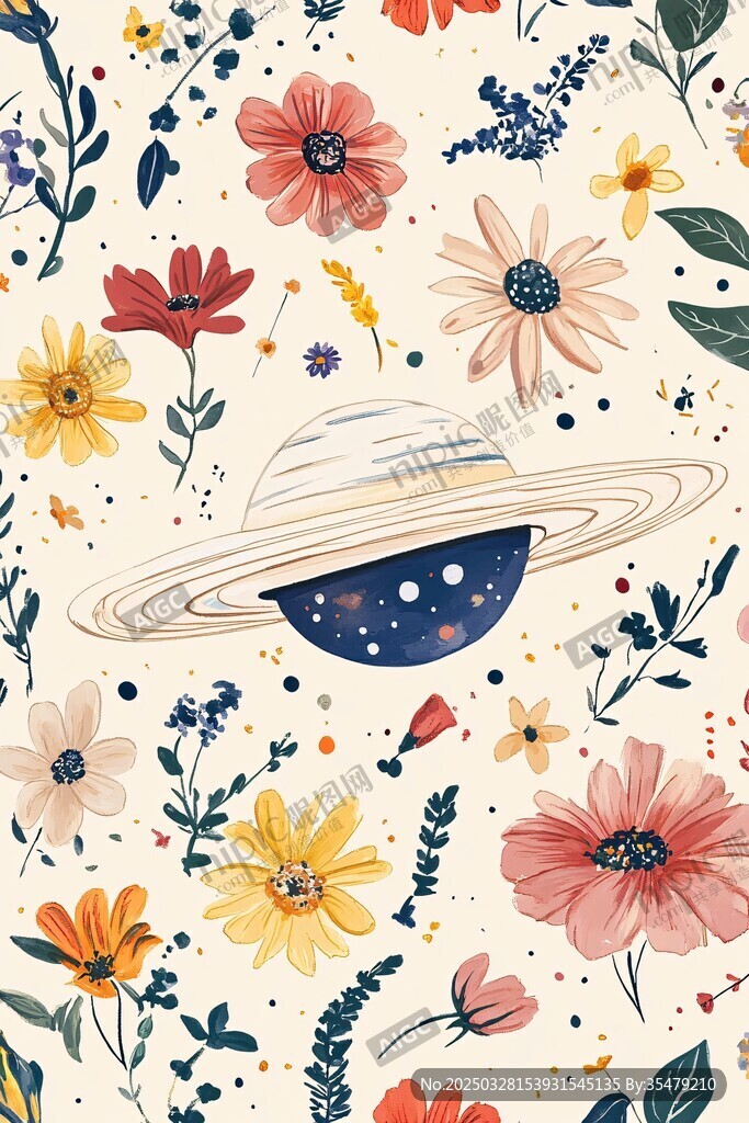 梦幻花卉与行星插画图案