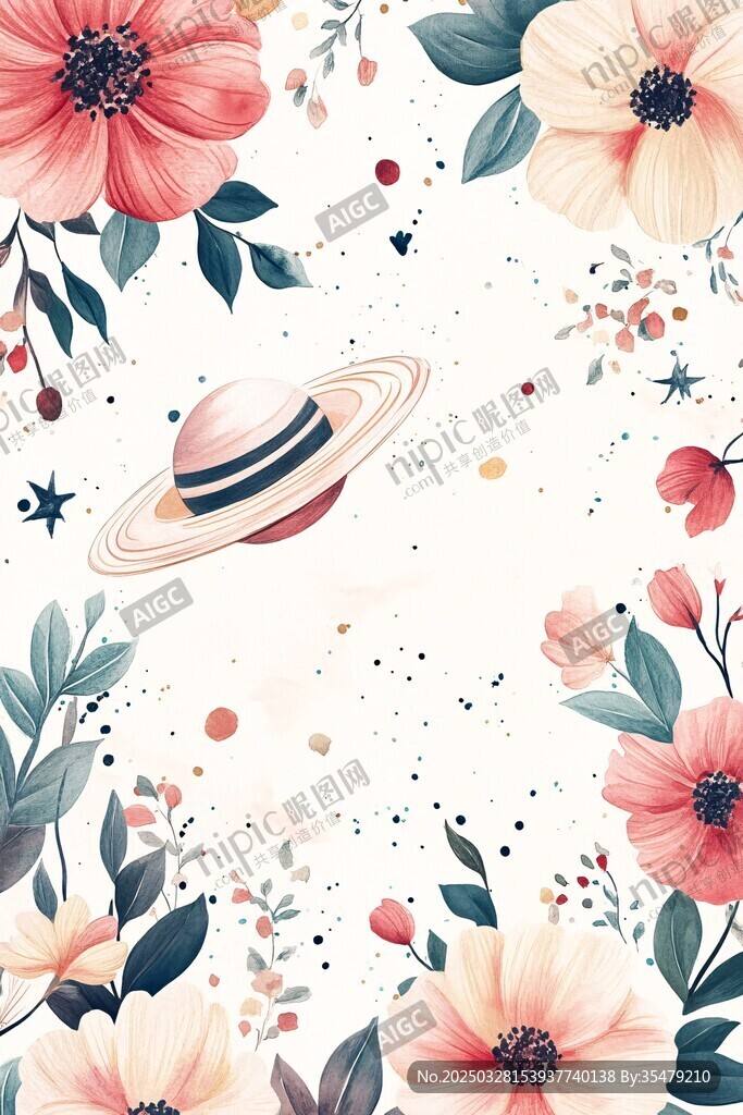 花卉环绕的梦幻土星插画