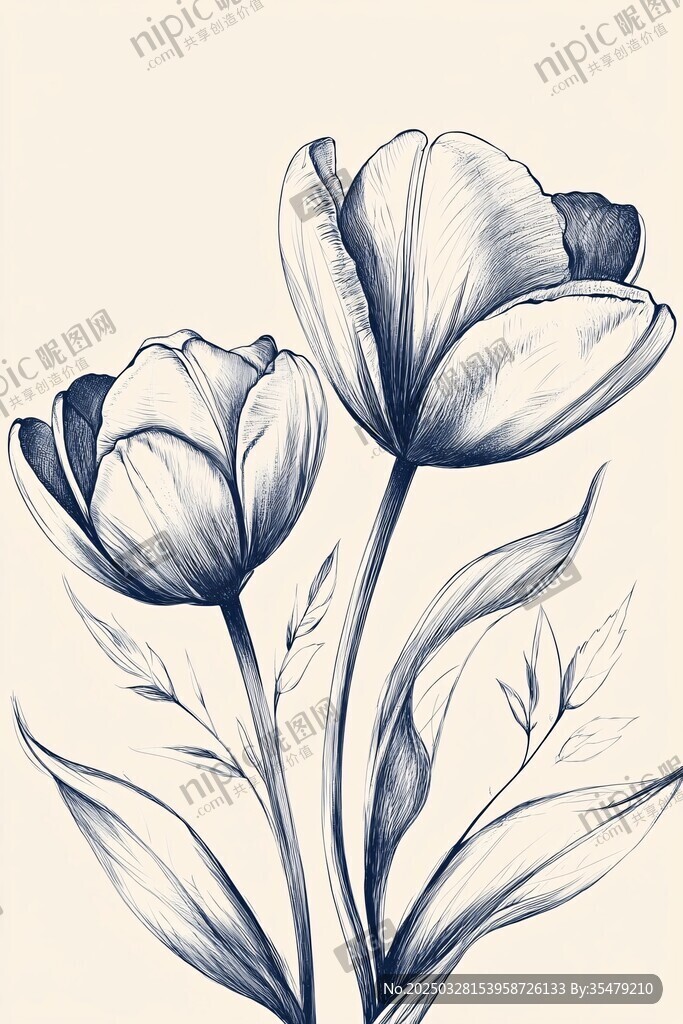 手绘蓝调郁金香花卉图