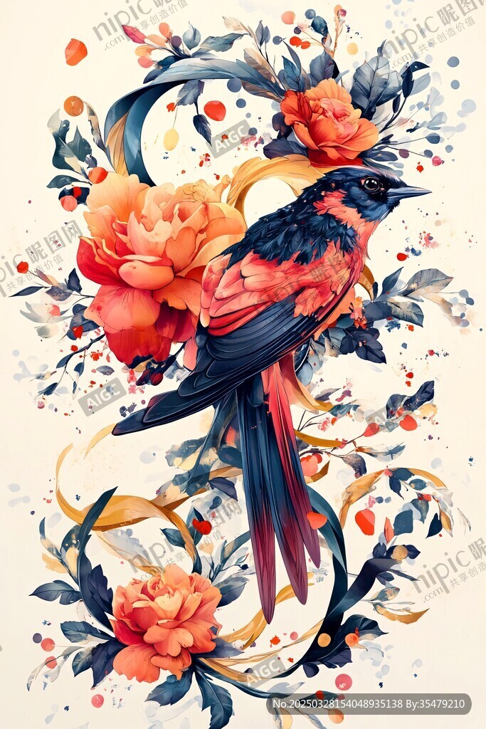 花鸟相依的梦幻插画