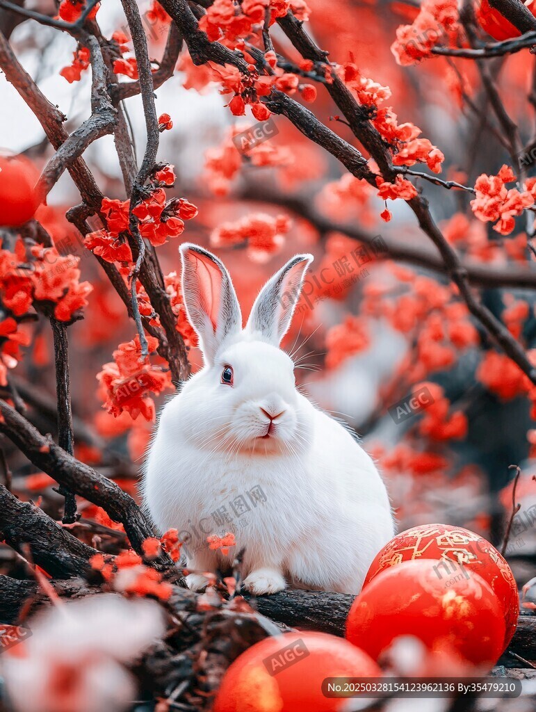白兔伴繁花红果迎新春