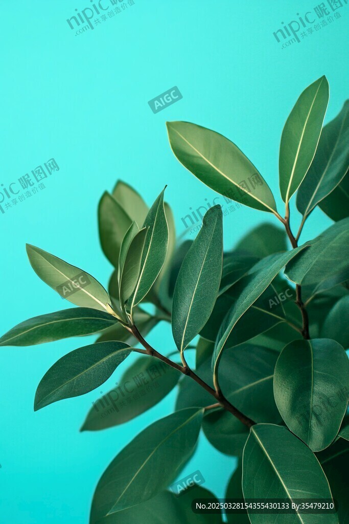 翠绿叶片于蓝背景中舒展