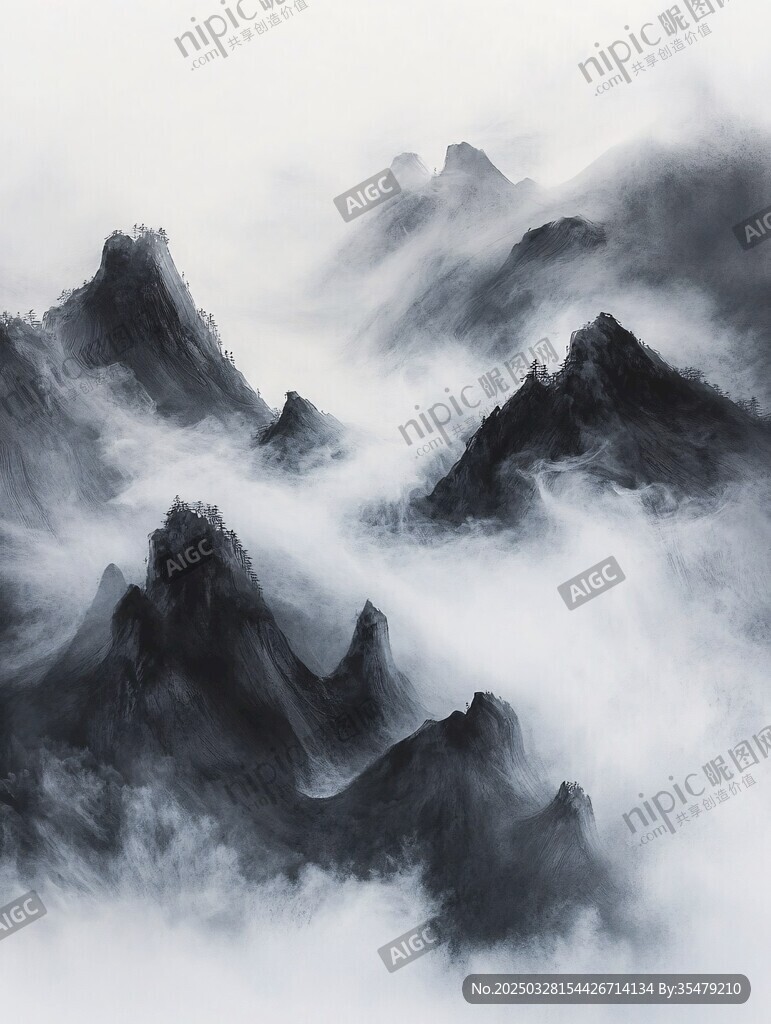水墨群山云雾缭绕之景