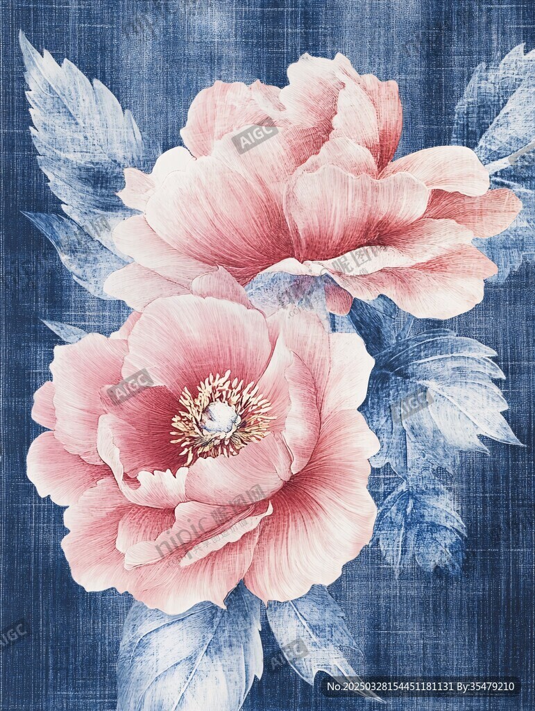 蓝底粉花唯美花卉图案
