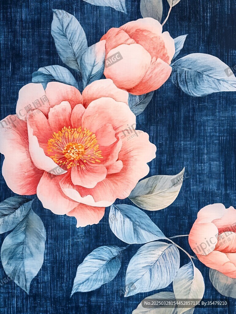 深蓝背景上的柔美花卉图案