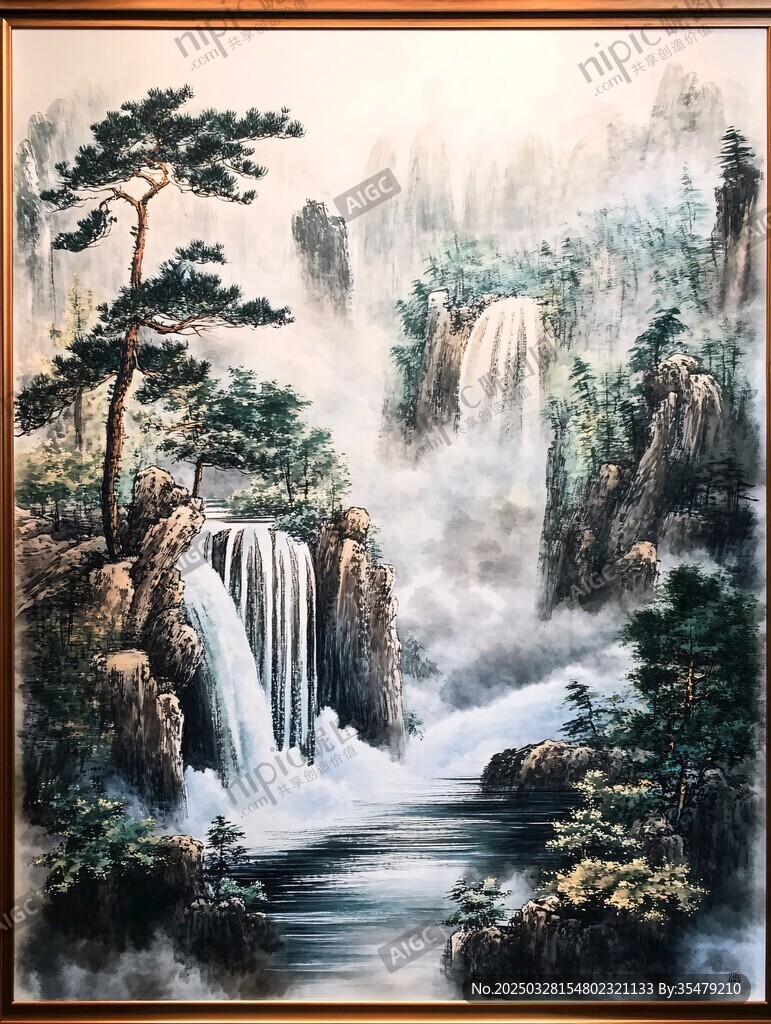山水松瀑图