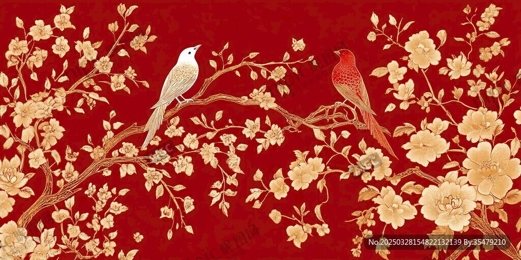 红底花鸟图
