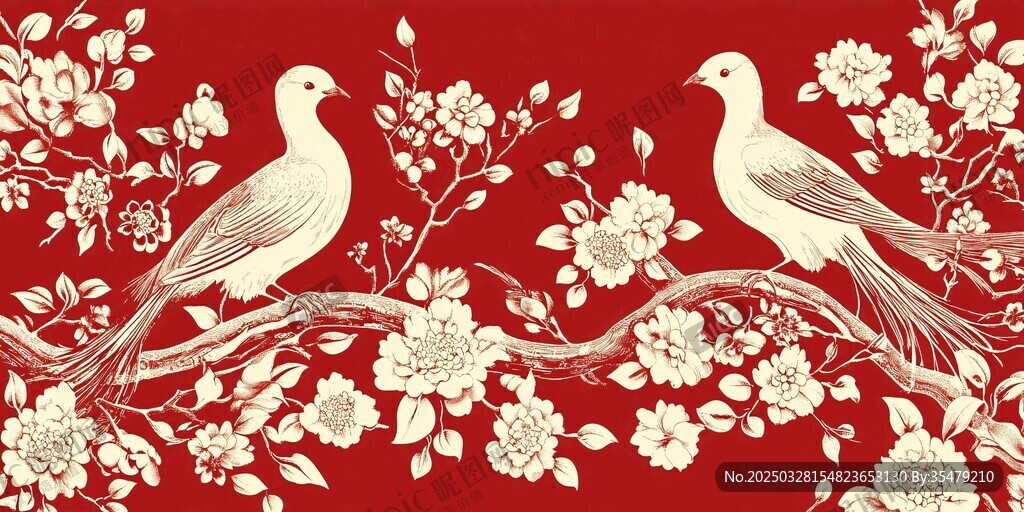 红底花鸟图纹精美装饰