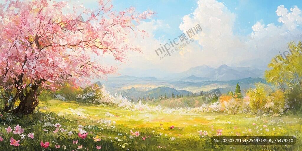 春日烂漫花海中的繁花树