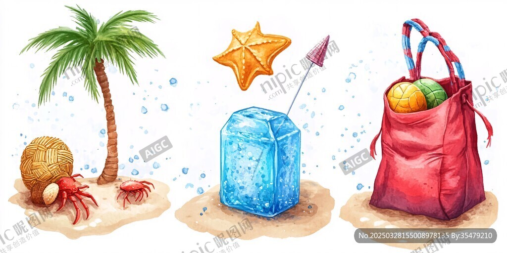 夏日海滩元素水彩插画