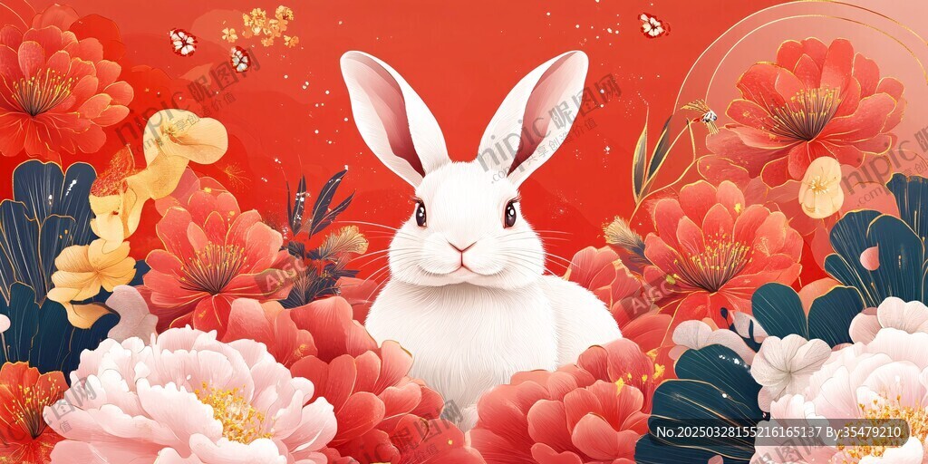 玉兔伴繁花贺岁迎祥