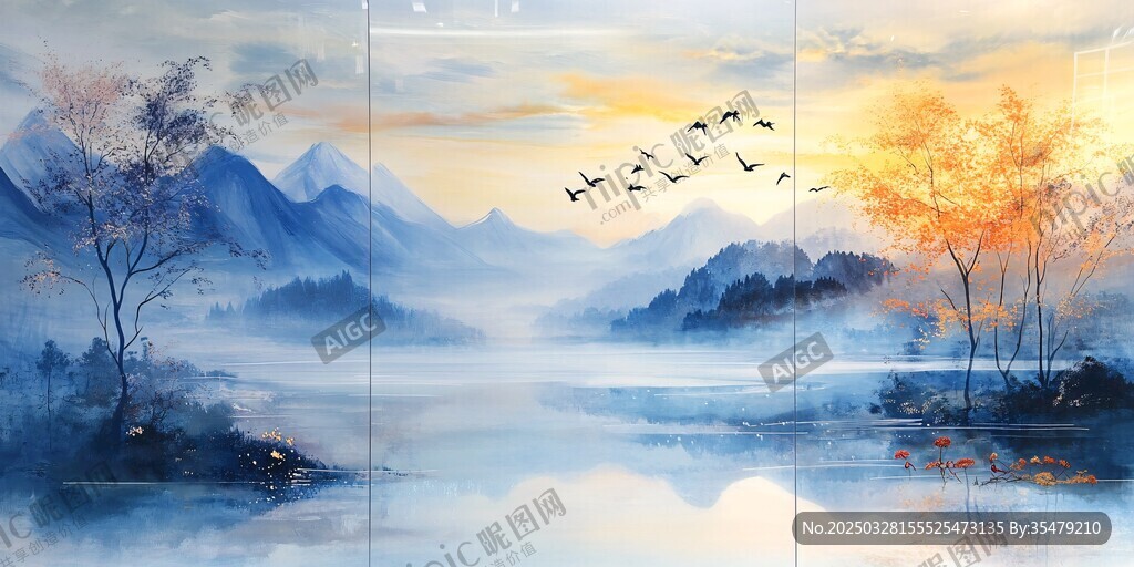 山水夕阳飞鸟唯美风景画