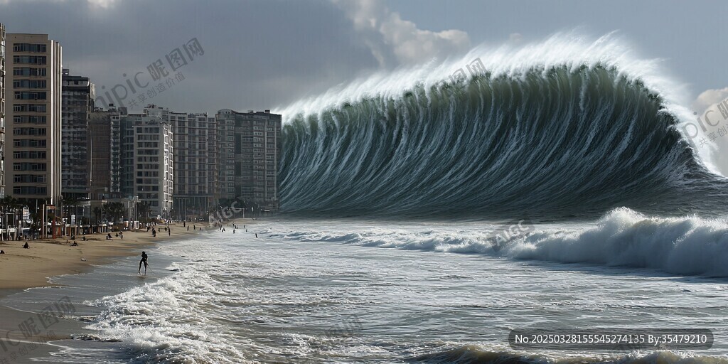 海边城市遭遇巨大海浪来袭