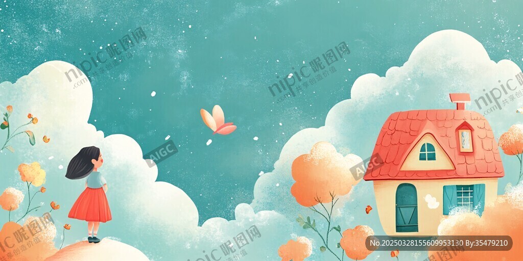 女孩云端望蝶与温馨小屋