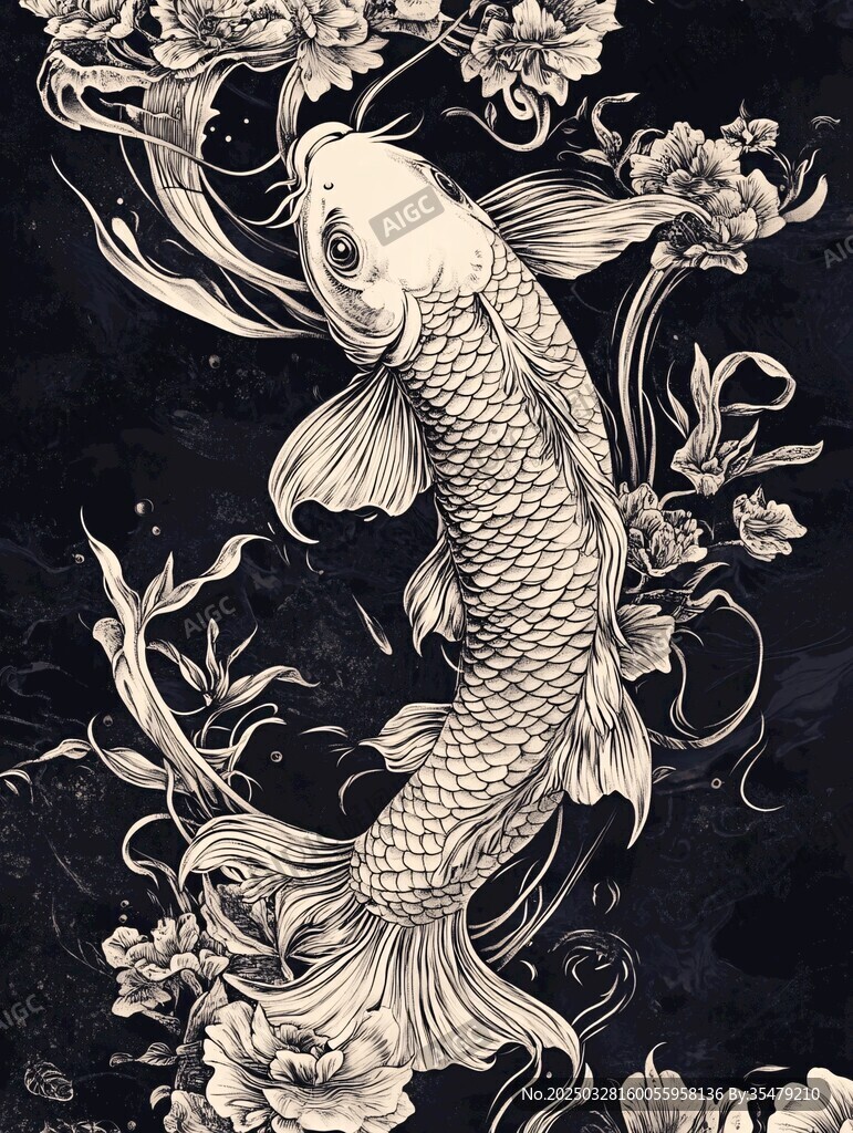 锦鲤戏花黑白艺术插画