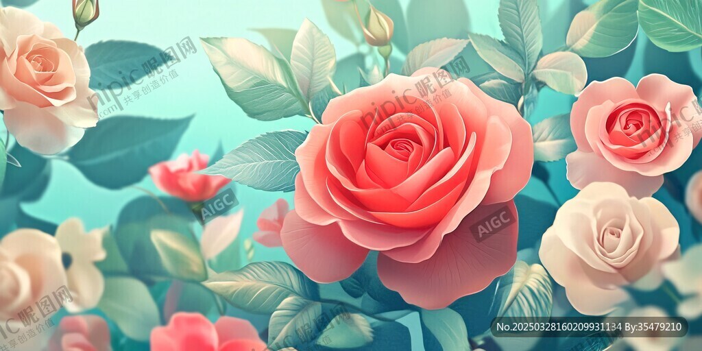 梦幻粉色玫瑰花卉图景