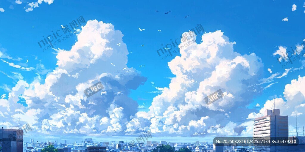 梦幻城市上空的蓝天白云